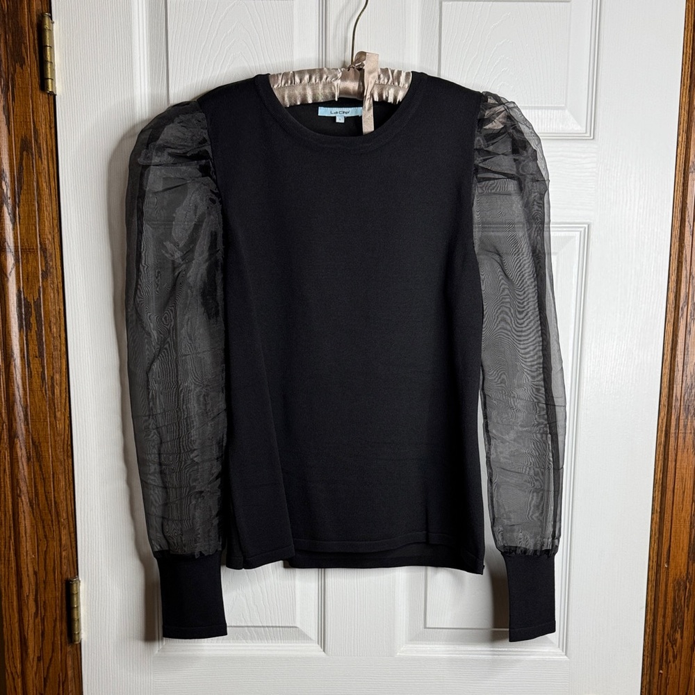 Black Top with Sheer taffeta Sleeves Sz L